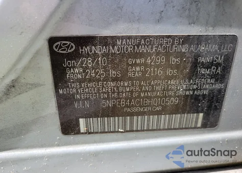 2011 Hyundai Sonata z USA, uszkodzony, nr VIN 5NPEB4AC1BH010509